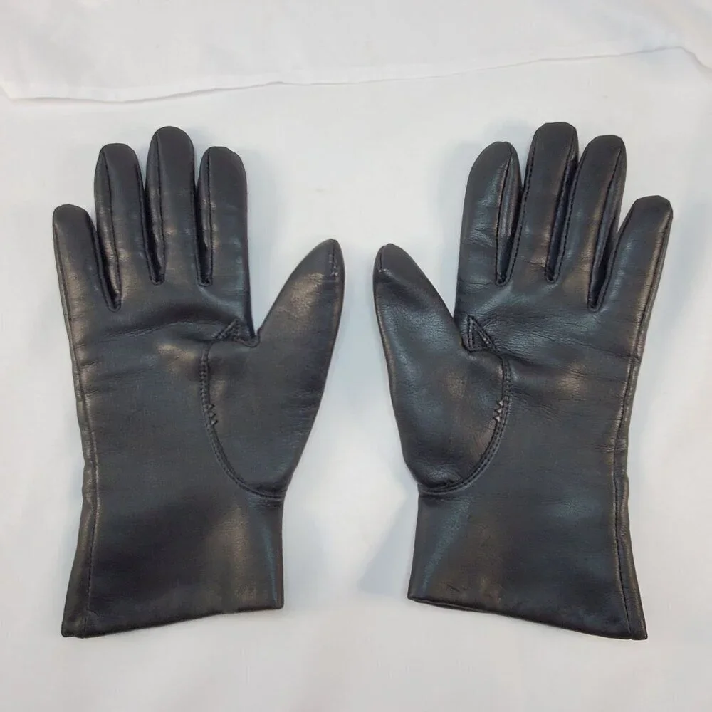 Vintage Avon Womans Black Vinyl Gloves Lined W/ Fleece Size Small Driving Gloves